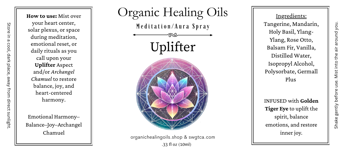 Organic Healing Oils Spiritual Ascension meditation aura spray, Uplifter, infused with Golden Tiger Eye. Ingredients include tangerine, mandarin, holy basil, ylang-ylang, rose otto, balsam fir, and vanilla.
