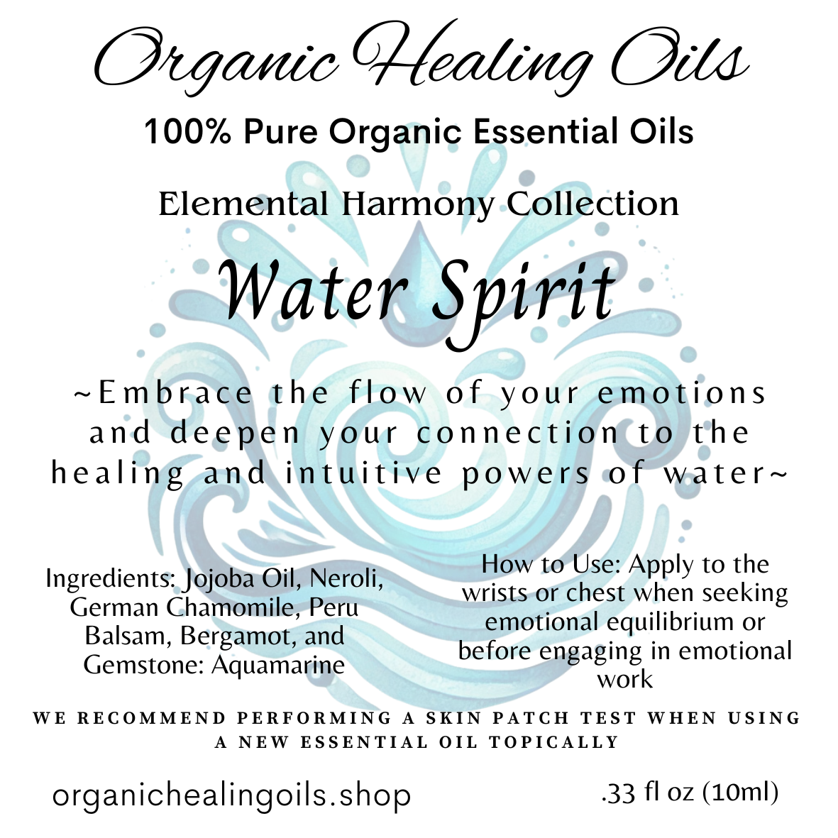 A label for Water Spirit elemental essential oil from the Elemental Harmony Collection, depicted with flowing water and wave designs in soothing blues, along with water symbols for Cancer, Scorpio, and Pisces. The label promotes emotional balance and intuitive insight.