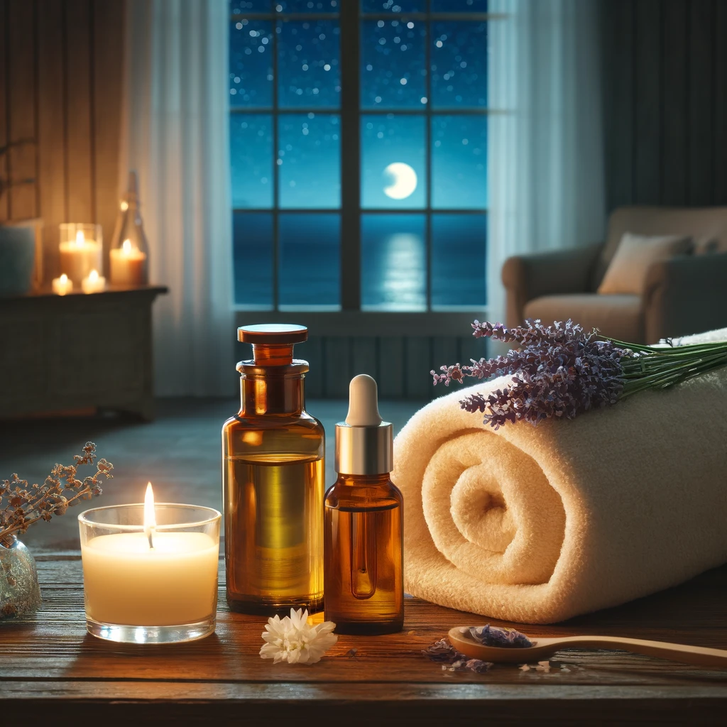 A tranquil scene showing Essential Oils for Relaxation with a candle on a table with the moon setting outside the window in the background.