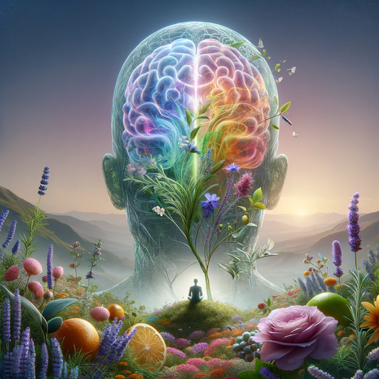 A landscape where aromatic plants merge with a visual of the brain's limbic system, illustrating the synergy between nature and science in aromatherapy.