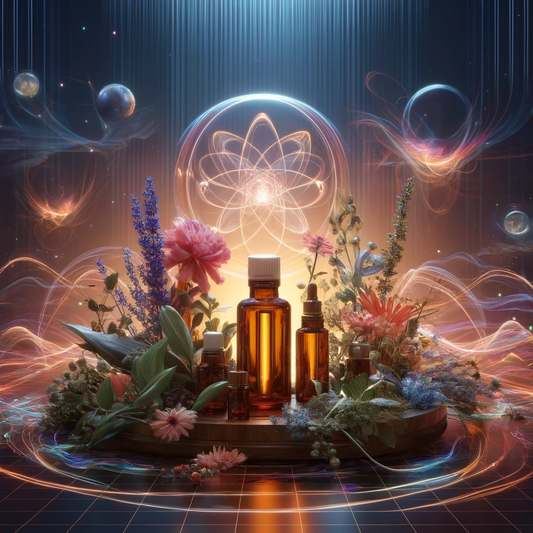 High-resolution realistic image depicting the concept of essential oils and quantum healing, featuring essential oil bottles, plants, and flowers intertwined with abstract energy fields and quantum particles in a serene, futuristic design.