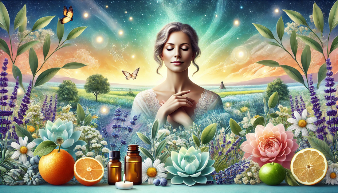 Tranquil woman surrounded by flowers, essential oils, and nature, symbolizing balance and relief through natural support for menopause symptoms.