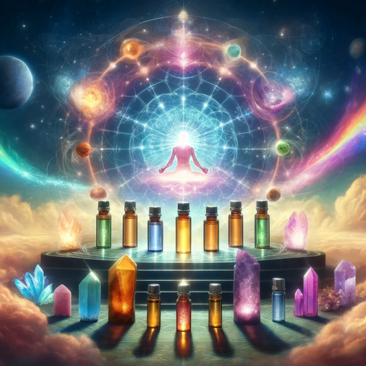 Seven essential oil bottles aligned in a celestial setting, each emitting a unique colored glow and surrounded by corresponding crystals, against a cosmic landscape backdrop, symbolizing spiritual elevation and raising your vibration.