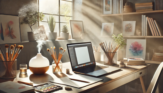 Unlock Your Artistic Expression: Essential Oils for Artistic Creativity. High-resolution, realistic workspace designed for inspiration, creativity and focus, featuring a serene setting with natural light, essential oils, crystals, and artistic tools.
