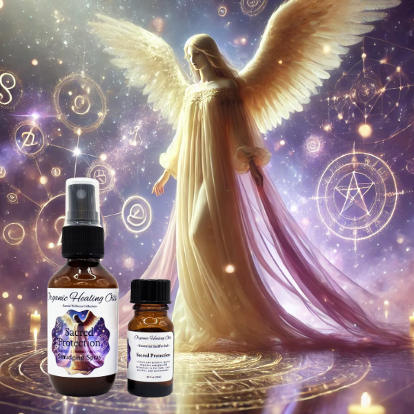 A bottle of Sacred Protection Sniffer Salts and 60ml Smudging Spray against a celestial background with a winged angel.