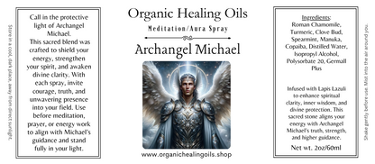 Meditation aura spray featuring Archangel Michael with organic essential oils and lapis lazuli for strength, protection, and clarity in a 2oz bottle