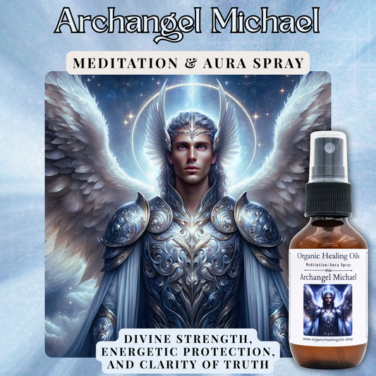 Meditation aura spray featuring Archangel Michael for strength, protection, and clarity, made with organic essential oils and infused with lapis lazuli.