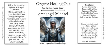 Meditation aura spray featuring Archangel Michael with organic essential oils and lapis lazuli for strength, protection, and clarity in a 2oz bottle