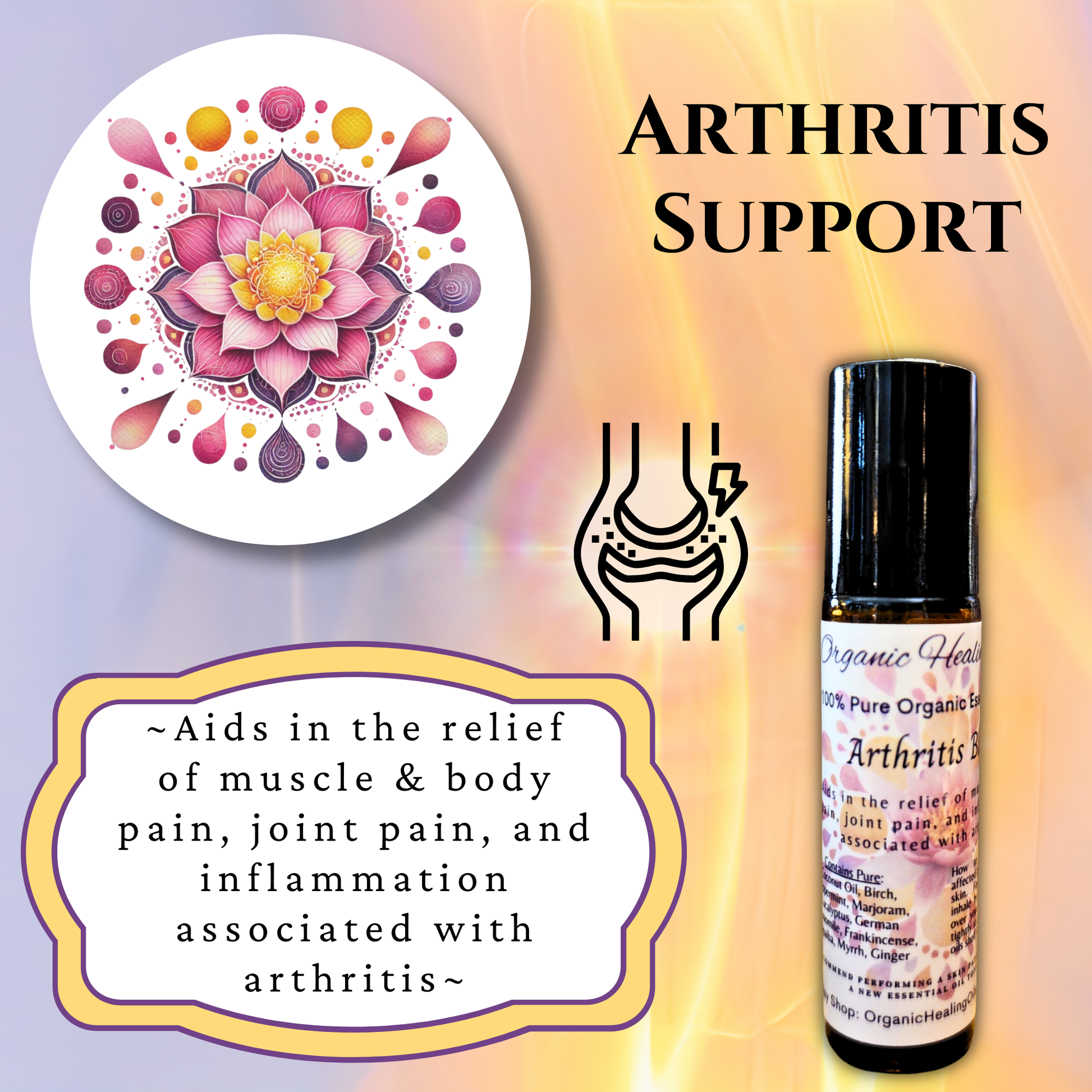 Arthritis support essential oil roller for joint and muscle pain relief.