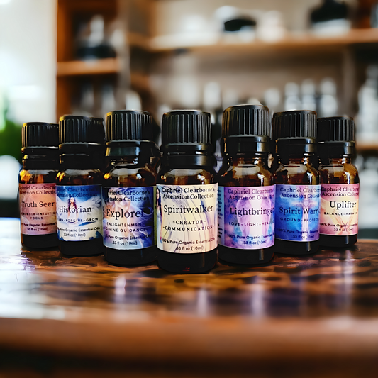 Ascension Blends for spiritual growth in 10ml roller bottles, showcasing the complete collection including Spiritwalker, Explorer, Truth Seer, Historian, Uplifter, Lightbringer, and Spirit Warrior, meticulously aligned on a wooden platform against a backdrop of shelves stocked with diverse essential oils.