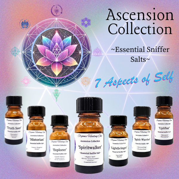 AD for Ascension Blends for Spiritual Ascension in 10ml Aromatherapy Inhaler Salts, showcasing the complete collection including Spiritwalker, Explorer, Truth Seer, Historian, Uplifter, Lightbringer, and Spirit Warrior. 