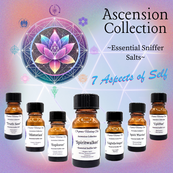 AD for Ascension Blends for Spiritual Growth in 10ml Sniffer Salts, showcasing the complete collection including Spiritwalker, Explorer, Truth Seer, Historian, Uplifter, Lightbringer, and Spirit Warrior. 