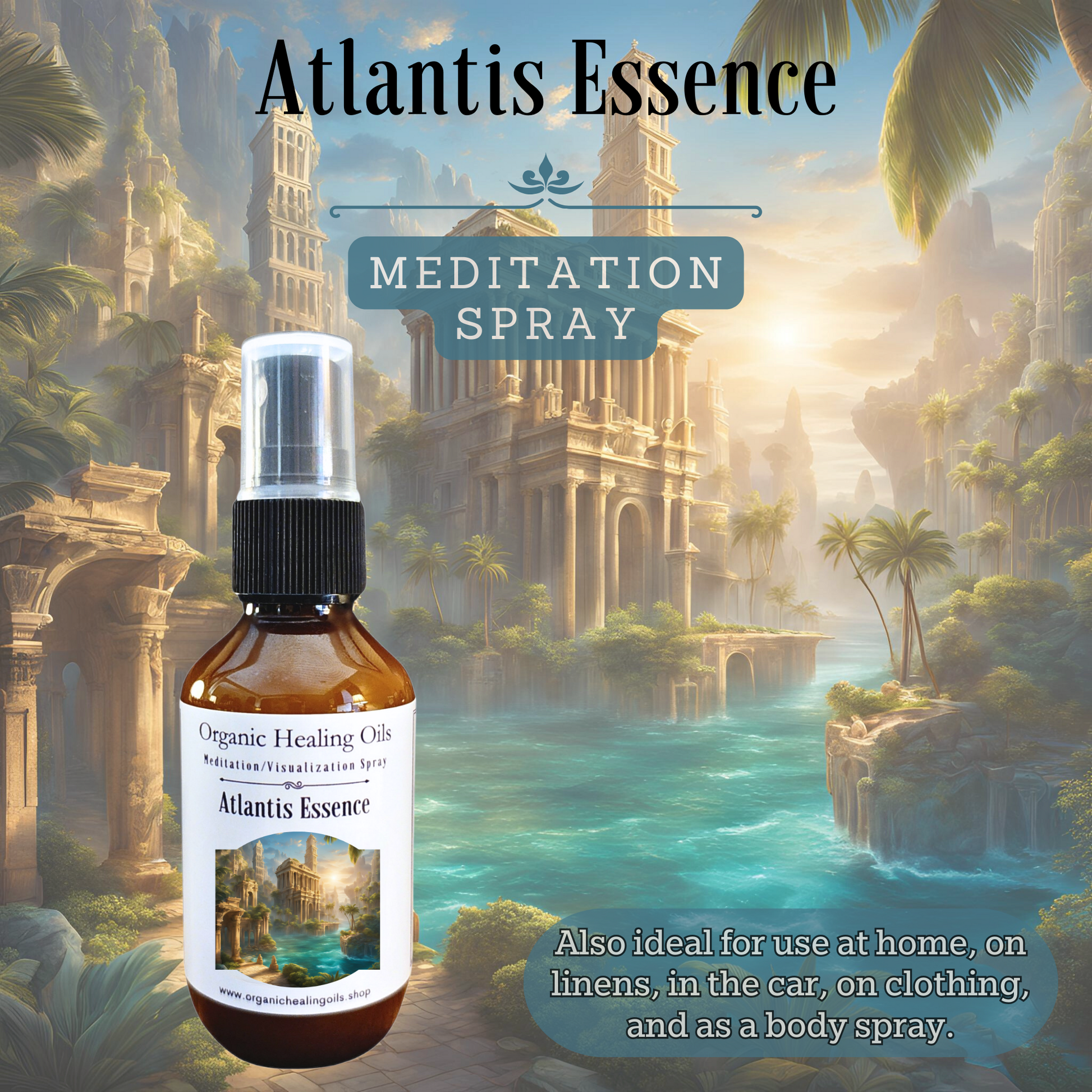 Atlantis Essence Meditation Spray bottle with a scene of Atlantis in the background.