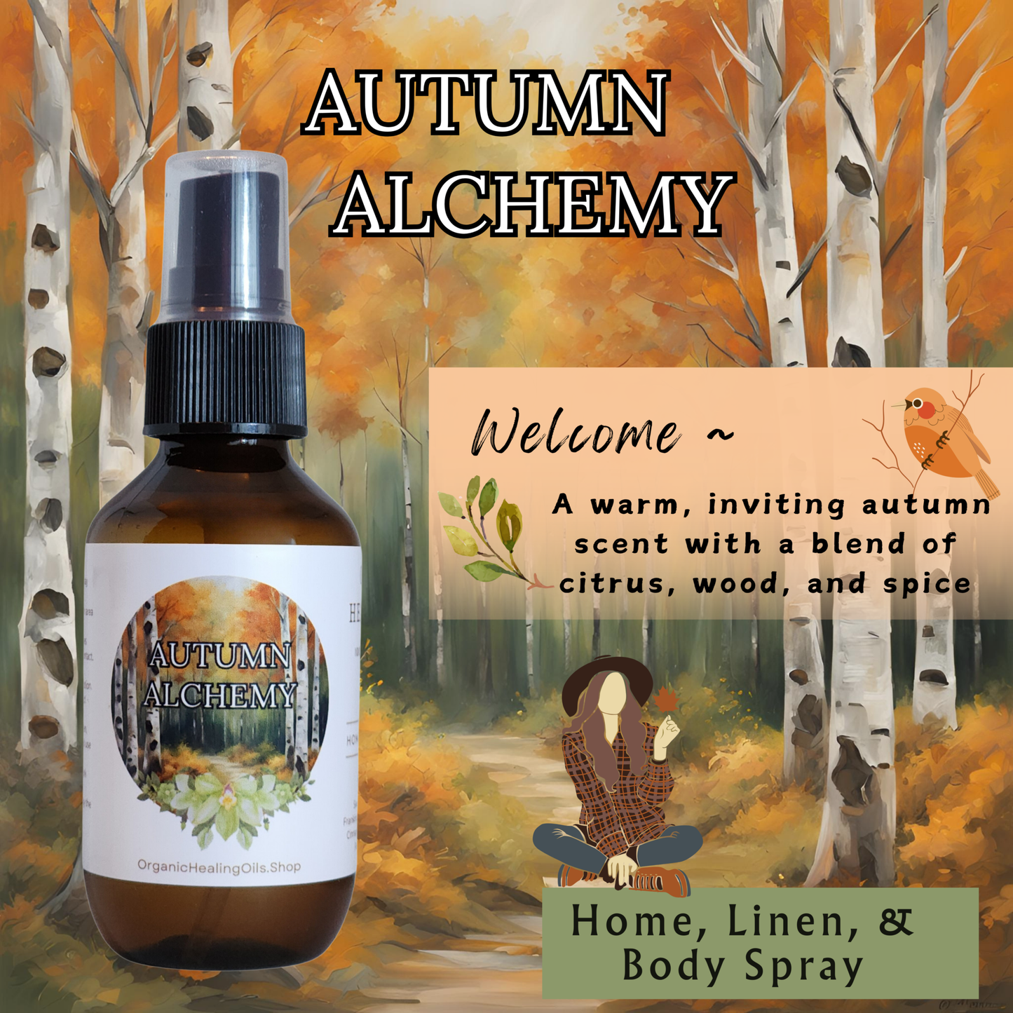 An Autumn Alchemy spray bottle is placed before a scenic autumn forest backdrop. The background features vibrant orange and yellow leaves on birch trees lining a path, capturing the essence of fall. The spray bottle is labeled with the product name and a logo, emphasizing its natural and seasonal fragrance.