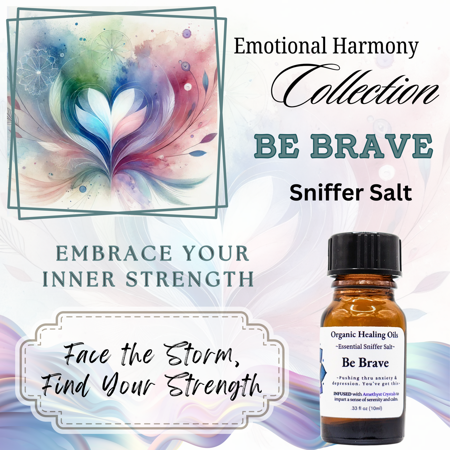 Natural Anxiety Relief Sniffer Salts - 10ml Bottle with Essential Oils and Amethyst Chips for Mood Support.