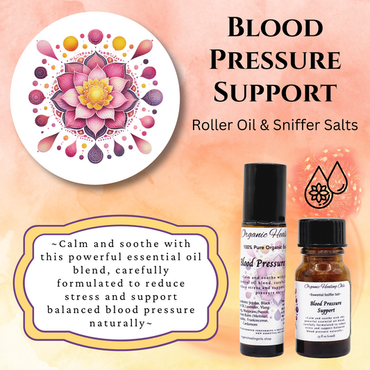 Blood Pressure Support Essential Oil roller and sniffer salts for natural stress relief and balanced blood pressure.