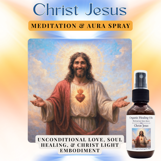 Christ Jesus Meditation Aura Spray featuring soul healing, divine love, and Christ light embodiment.