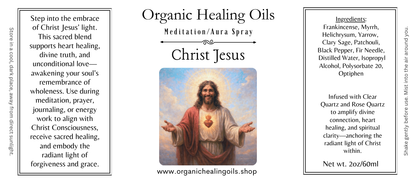 Meditation Aura Spray by Organic Healing Oils featuring Christ Jesus blend with frankincense, myrrh, essential oils, and infused quartz for soul healing and divine love.