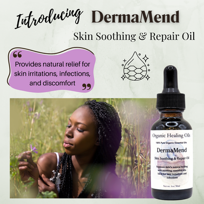 DermaMend Skin Soothing and Repair Oil bottle with woman in field, text highlights natural relief for skin irritations and infections.