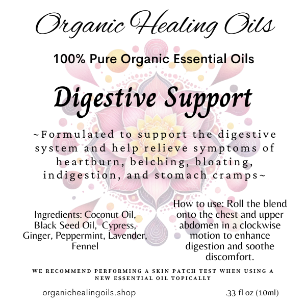 Label forDigestive Support Essential Oil Roller Blend by Organic Healing Oils, a 10ml essential oil blend designed to relieve digestive discomfort such as heartburn and indigestion.