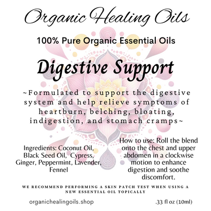 Label forDigestive Support Essential Oil Roller Blend by Organic Healing Oils, a 10ml essential oil blend designed to relieve digestive discomfort such as heartburn and indigestion.