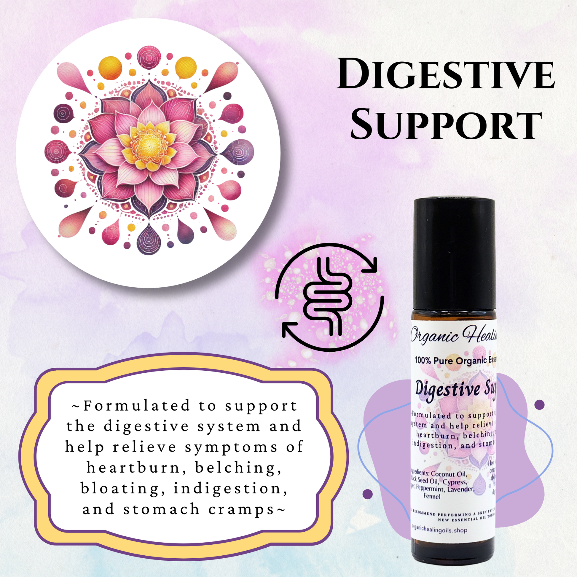 Digestive Support Essential Oil roller with natural ingredients for digestive relief, 10ml.