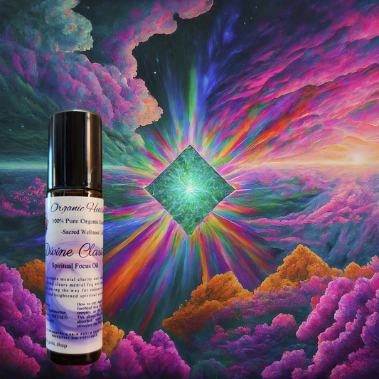 Divine Clarity Spiritual Focus Oil under a mystical, colorful cosmic background with a vibrant tree and celestial symbols, enhancing spiritual and cognitive connection.