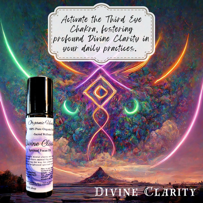 AD for Divine Clarity- Spritual Focus  Oil by Organic Healing Oils. Divine Clarity Spiritual Focus Oil under a mystical, colorful cosmic background with a vibrant tree and celestial symbols, enhancing spiritual and cognitive connection.