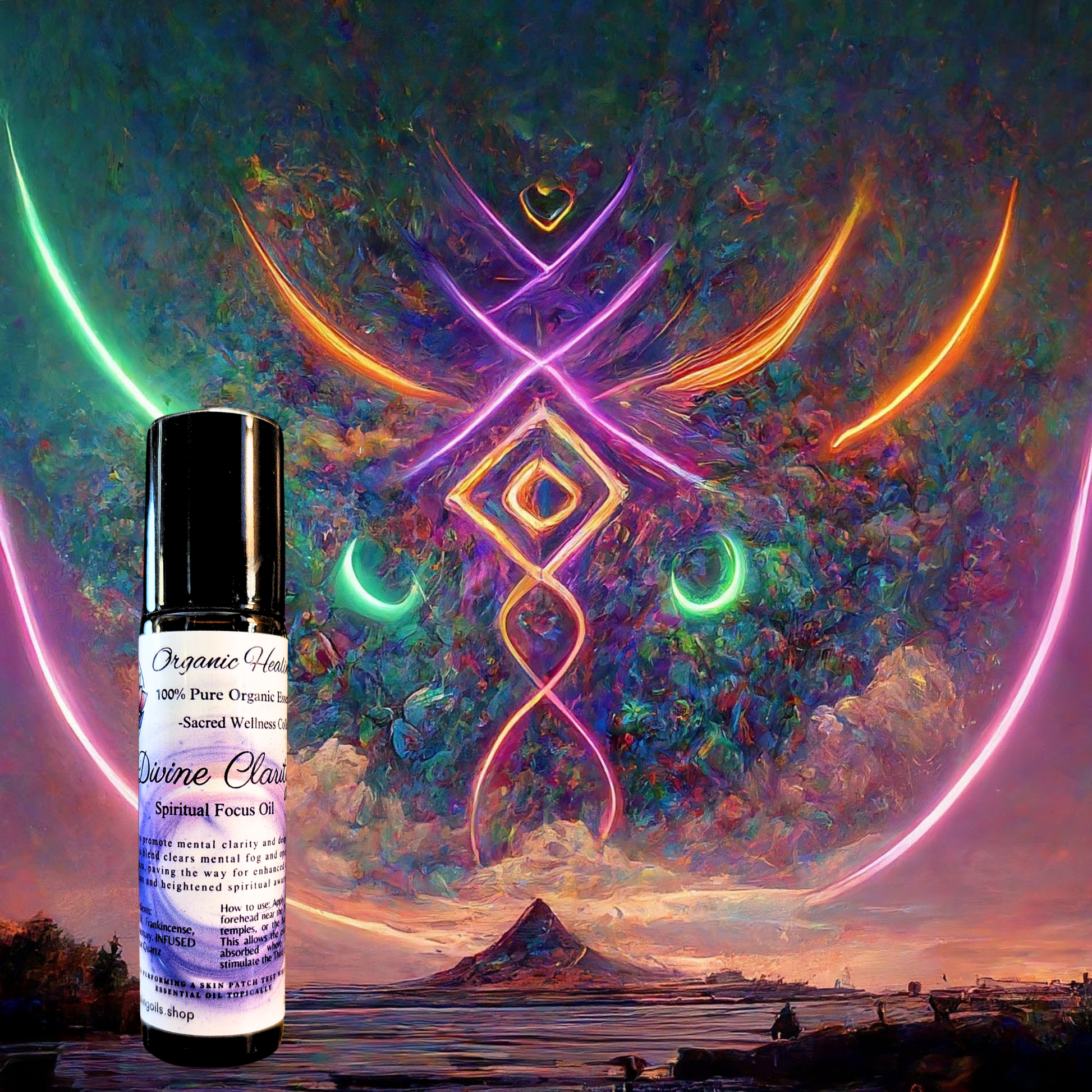 Divine Clarity Spiritual Focus Oil under a mystical, colorful cosmic background with a vibrant tree and celestial symbols, enhancing spiritual and cognitive connection.