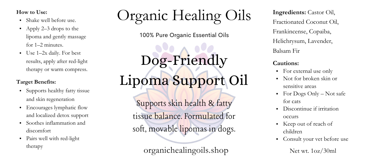 Dog-Friendly Lipoma Support Oil label with usage instructions, benefits, ingredients, and cautions for dogs.