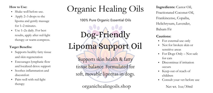 Dog-Friendly Lipoma Support Oil label with usage instructions, benefits, ingredients, and cautions for dogs.