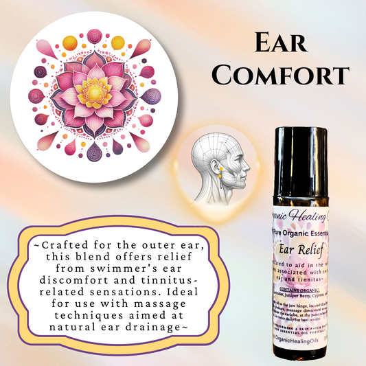 Ear Comfort Oil 10ml roller for swimmer’s ear relief, featuring therapeutic grade essential oils and massage techniques for natural ear drainage.