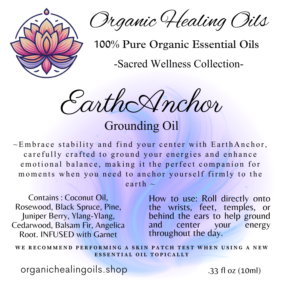 Label design of EarthAnchor Grounding Blendfeaturing ingredients and usage instructions with a serene, light blue background.