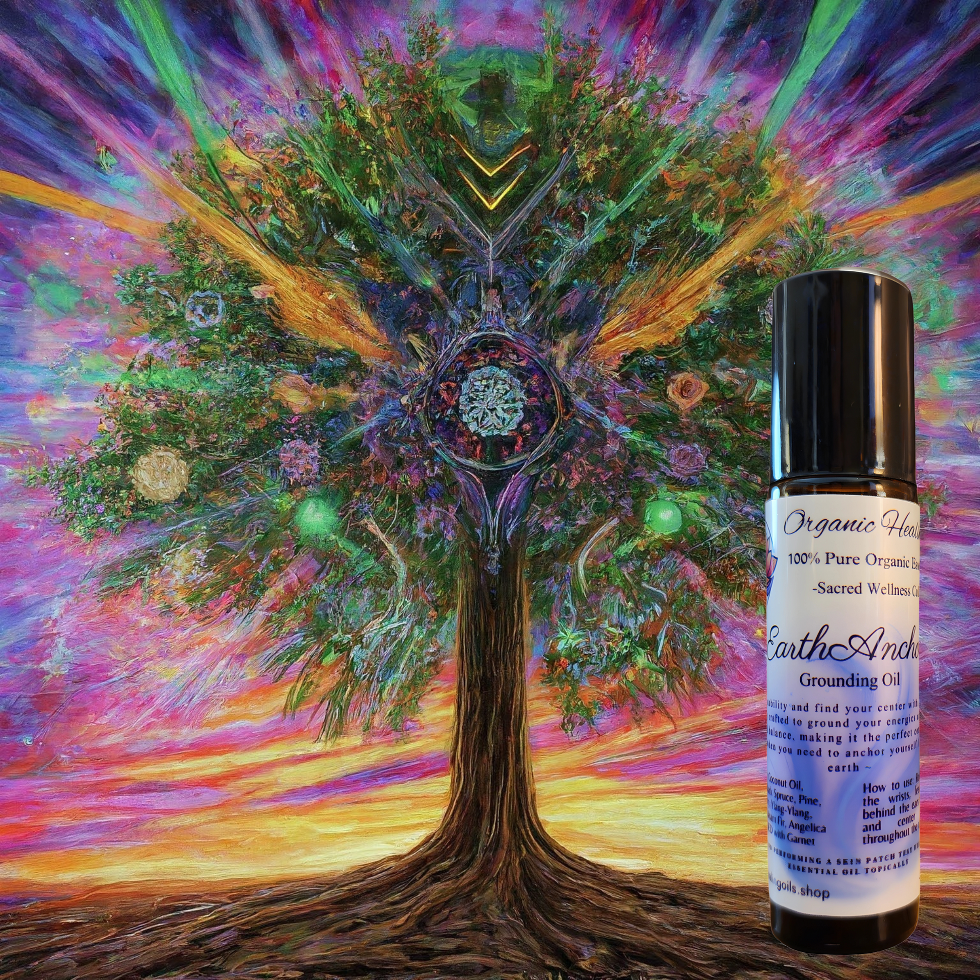 Vibrant, mystical painting of a tree symbolizing the grounding energy of EarthAnchor Grounding Blend, with colorful cosmic elements.