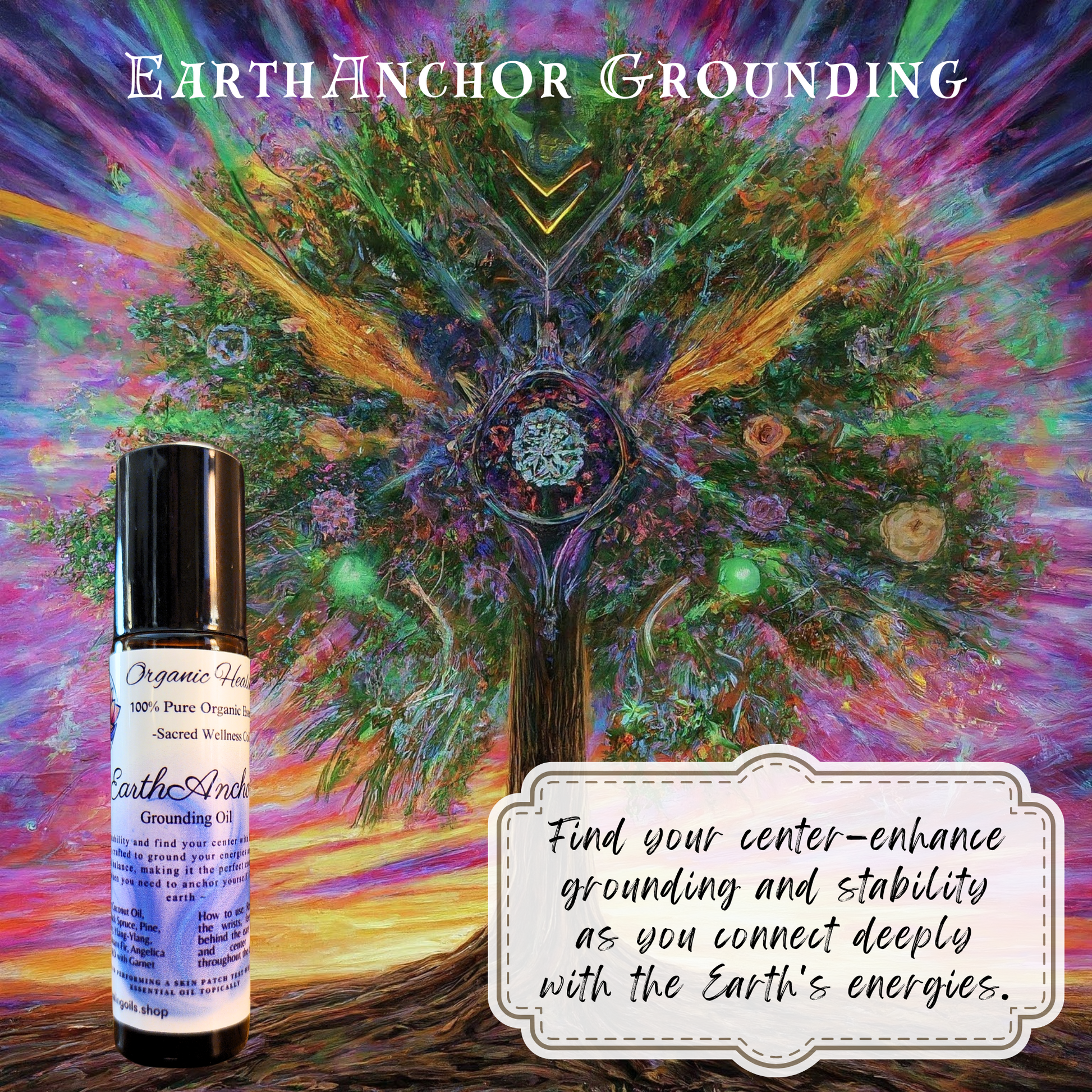 Vibrant, mystical painting of a tree symbolizing the grounding energy of Organic Healing Oils EarthAnchor Grounding Blend, with colorful cosmic elements.