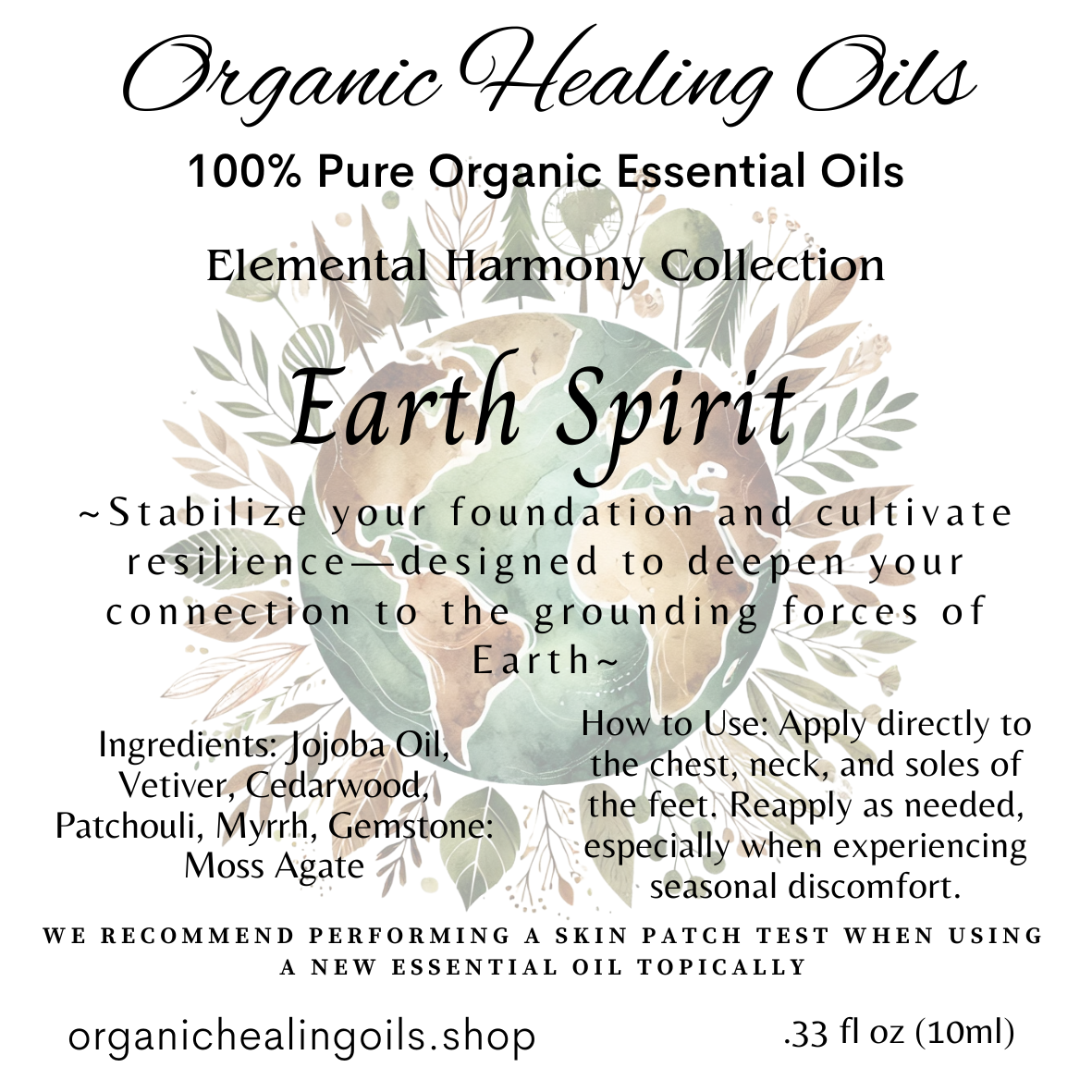 A label for Earth Spirit essential oil from the Elemental Harmony Collection