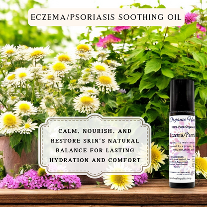 Eczema and Psoriasis Soothing Oil 10ml Roller bottle displayed on a wooden table amidst Yarrow flowers, highlighting the natural ingredients for skin soothing.