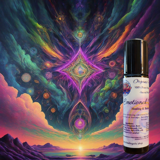 Emotional Release Healing & Balancing Oil Label - A blend crafted for deep emotional release, infused with essential oils and healing crystals.