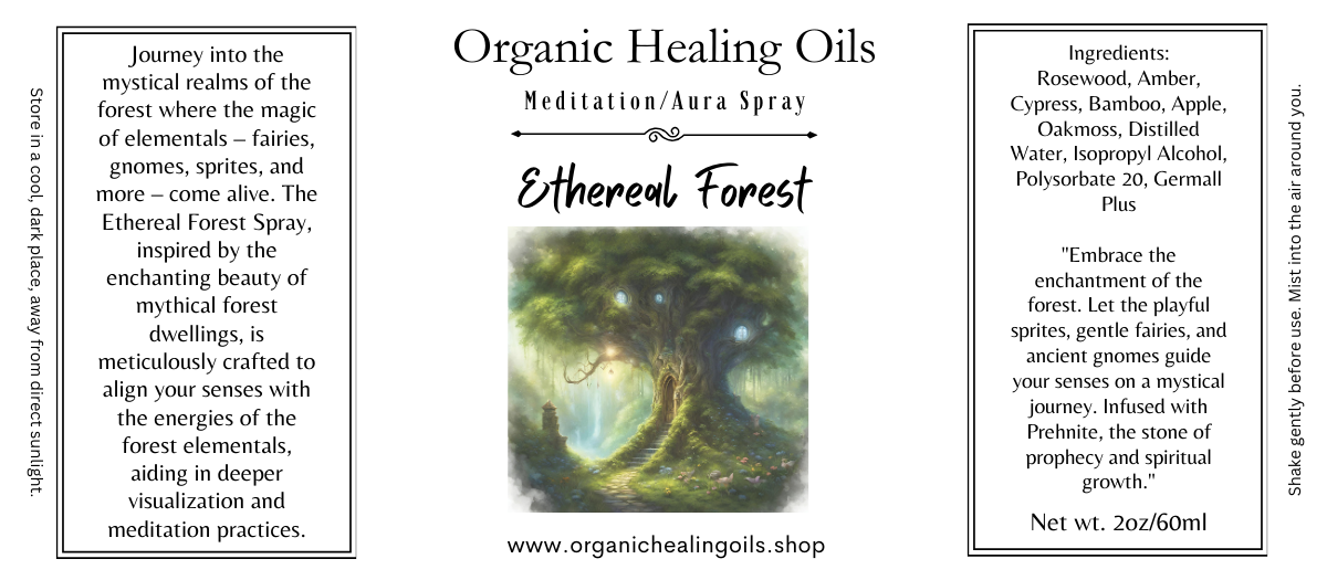 Meditation aura spray with Ethereal Forest theme, evoking elemental connection and earth magic, 2oz bottle.