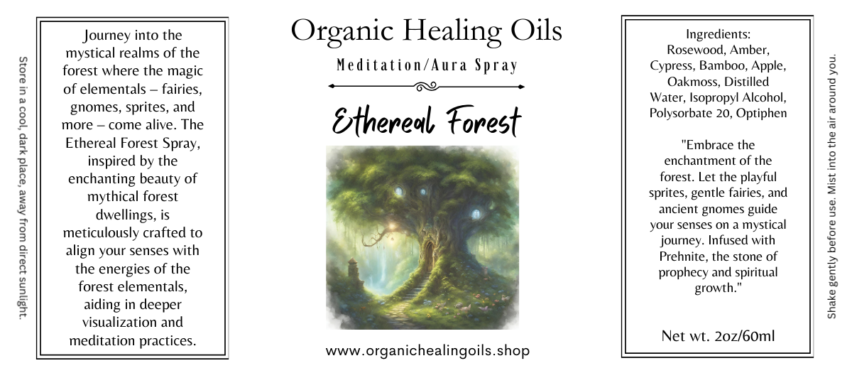 Meditation aura spray with Ethereal Forest theme, evoking elemental connection and earth magic, 2oz bottle.