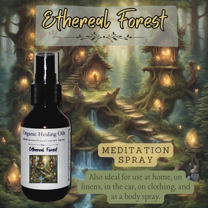 Image of Ethereal Forest Meditation Spray bottle in a tranquil forest setting with enchanted tree houses and gnomes, indicative of the spray's natural essential oils blend of Rosewood, Oakmoss, Amber, Cypress, Bamboo, and Apple for grounding meditation.