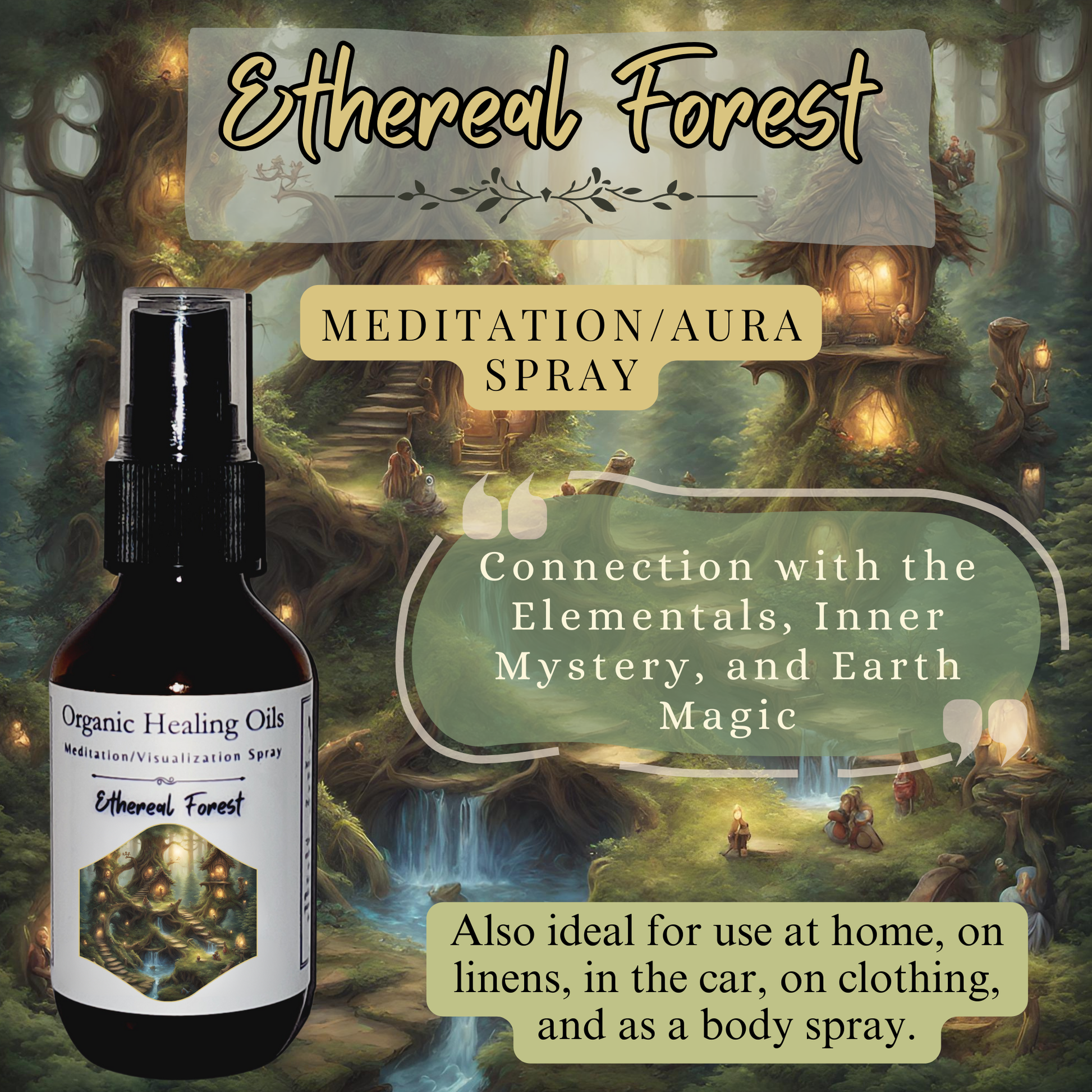 Meditation Aura Spray bottle labeled "Ethereal Forest," with themes of connection to elementals, inner mystery, and earth magic, showcasing forest graphics in the background.