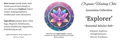 "Ascension Collection 'Explorer' Spiritual Ascension Aromatherapy Inhaler with Lapis Lazuli for intuition and consciousness expansion, ingredients include Juniper Berry and Clary Sage in a 10ml bottle."