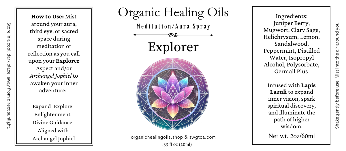 Organic healing oils meditation spray bottle labeled "Explorer," part of Spiritual Ascension Collection, 60ml, infused with essential oils and Lapis Lazuli for spiritual growth.