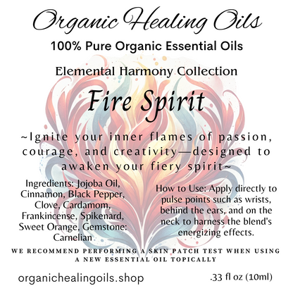 A label for Fire Spirit essential oil from the Elemental Harmony Collection, with a vibrant, fiery background and fire symbols, representing Aries, Leo, and Sagittarius. It conveys the blend's energizing and creativity-boosting properties.