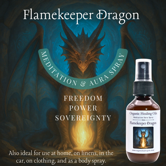 Flamekeeper Dragon Meditation & Aura Spray bottle in front of a glowing fire-breathing dragon with wings outstretched. Text highlights themes of Freedom, Power, and Sovereignty. By Organic Healing Oils.