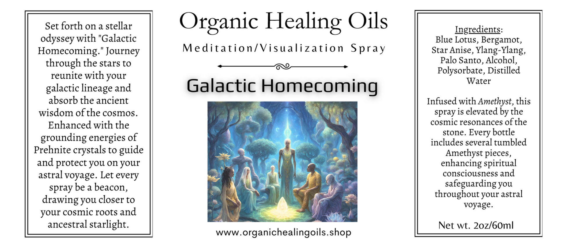 Label featuring A mystical gathering in an enchanted forest illuminated by starlight, featuring a diverse group in meditation around an ethereal light, with a bottle of 'Galactic Homecoming' meditation spray from Organic Healing Oils in the foreground.