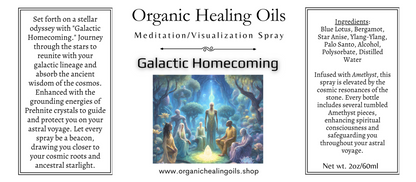 Label featuring A mystical gathering in an enchanted forest illuminated by starlight, featuring a diverse group in meditation around an ethereal light, with a bottle of 'Galactic Homecoming' meditation spray from Organic Healing Oils in the foreground.