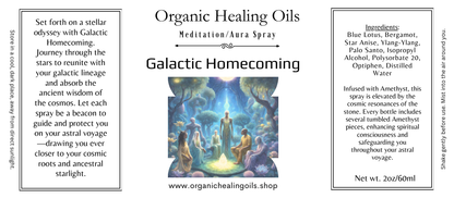 Meditation aura spray bottle labeled "Organic Healing Oils Galactic Homecoming" with cosmic art, 2oz size.