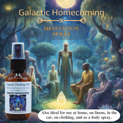 A mystical gathering in an enchanted forest illuminated by starlight, featuring a diverse group in meditation around an ethereal light, with a bottle of 'Galactic Homecoming' meditation spray from Organic Healing Oils in the foreground.